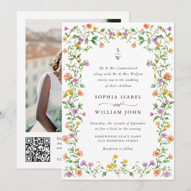 Meadow Pastel French Roses Floral Wedding QR code Invitation (Front/Back)