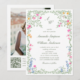 Meadow Pastel French Roses Floral Wedding QR code Invitation