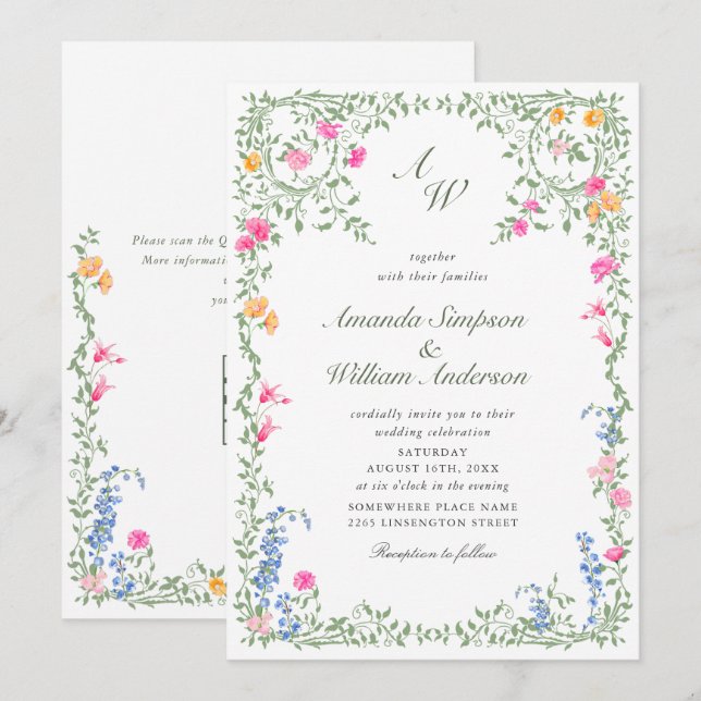 Meadow Pastel French Roses Floral Wedding QR code Invitation (Front/Back)