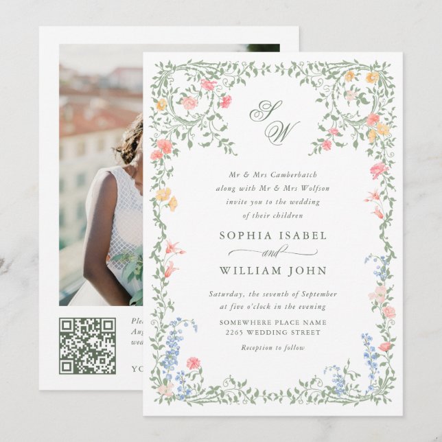 Meadow Pastel French Roses Floral Wedding QR code Invitation (Front/Back)