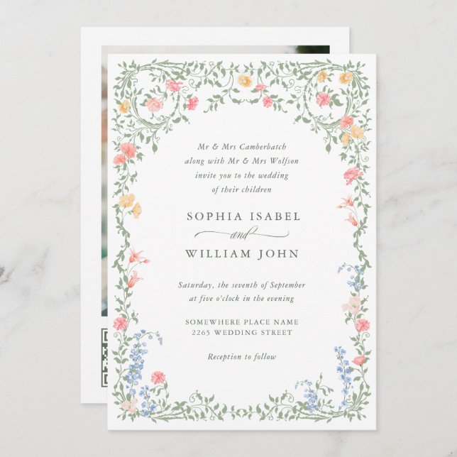 Meadow Pastel French Roses Floral Wedding QR code Invitation (Front/Back)