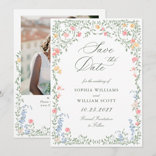 Meadow Pastel French Roses Floral Wedding Save The Date (Front/Back)