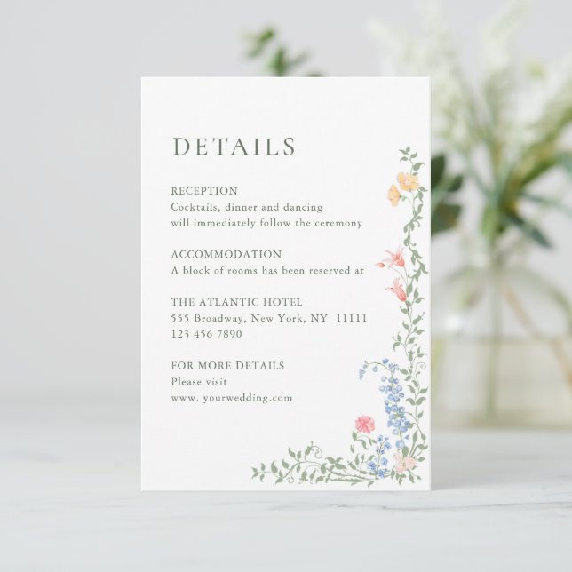 Meadow Pastel French Roses Wedding Details Enclosure Card (Standing Front)