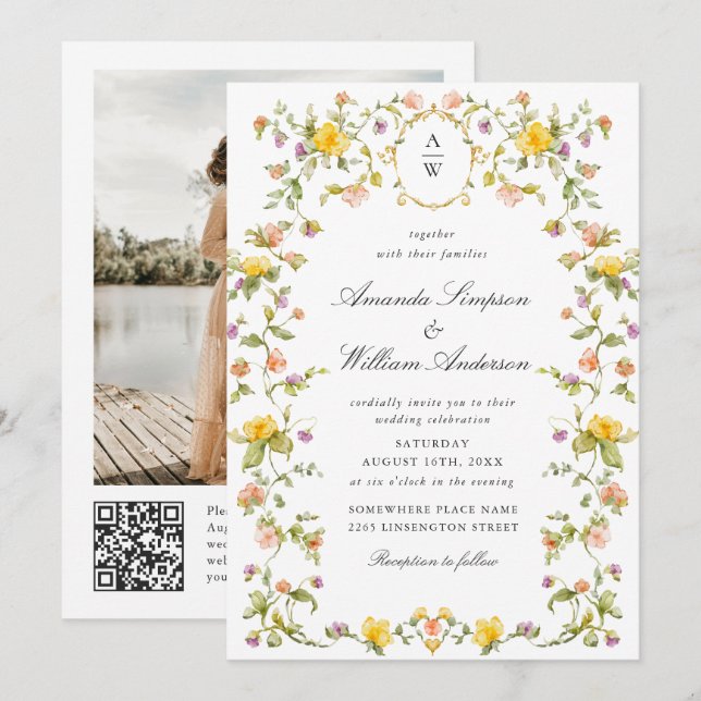 Meadow Pastel Roses Floral Wedding QR code Photo Invitation (Front/Back)