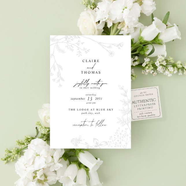 Meadow Suite | Romantic Wildflower Script Wedding Letterpress Invitation (Delicate wildflowers and timeless letterpress for the romantic at heart.)
