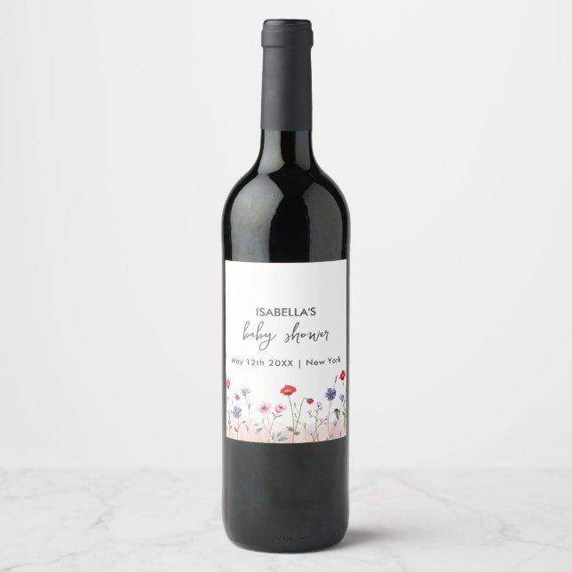 Meadow Summer Wildflower Baby Shower  Wine Label (Front)