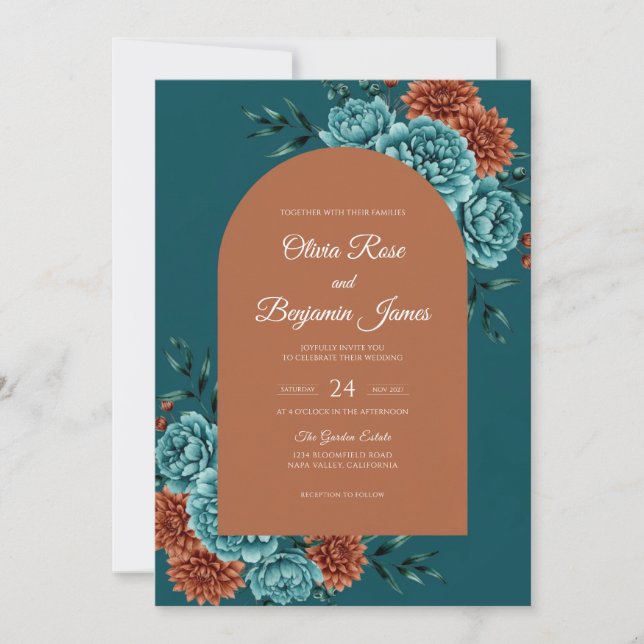 Meadow Teal Rust Bloom Wedding Invitation (Front)