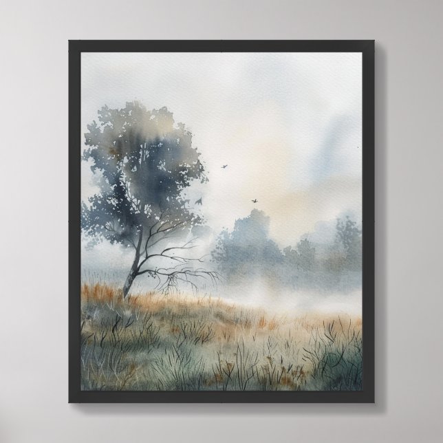 Meadow Tree Grasses Dry Brush Watercolor Print (Framed Front)