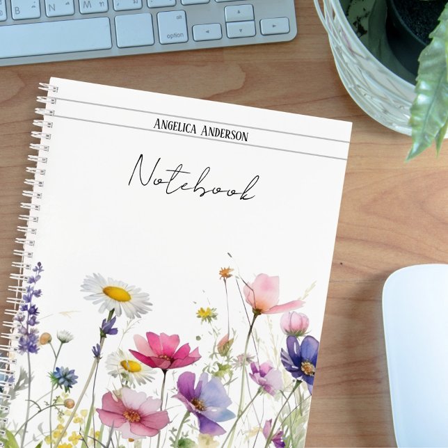 Meadow Watercolor wildflowers custom name white Notebook (Creator Uploaded)