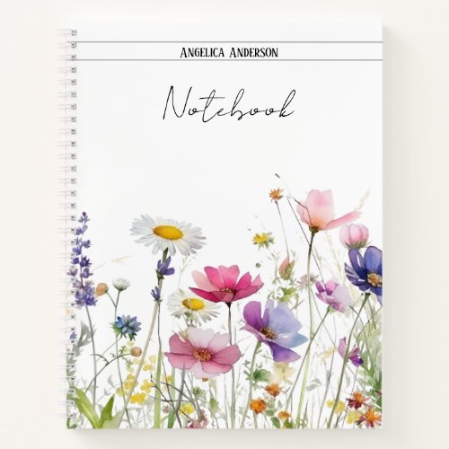 Meadow Watercolor wildflowers custom name white Notebook