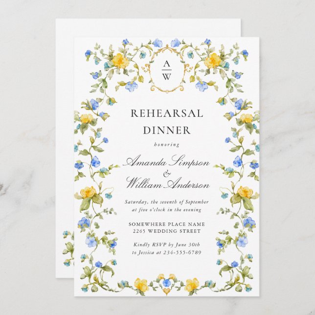 Meadow Watercolor Wildflowers Rehearsal Dinner Invitation (Front/Back)