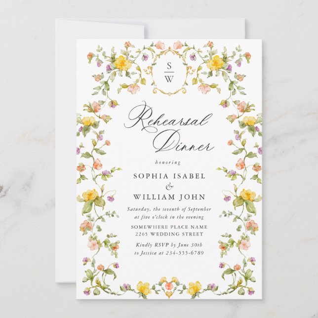 Meadow Watercolor Wildflowers Rehearsal Dinner Invitation (Front)
