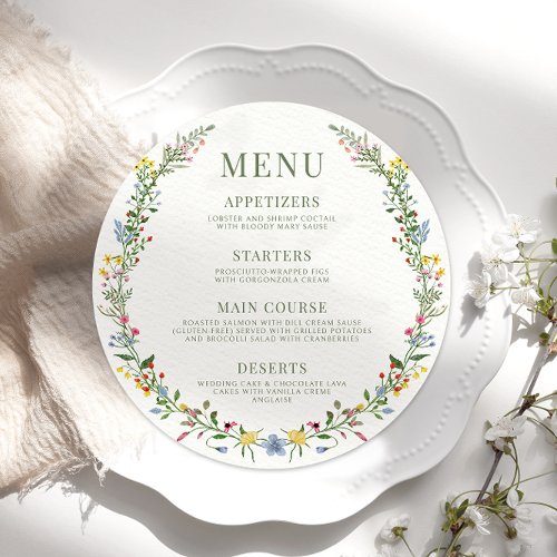 Meadow whimsical wildflower round Menu Card Plate