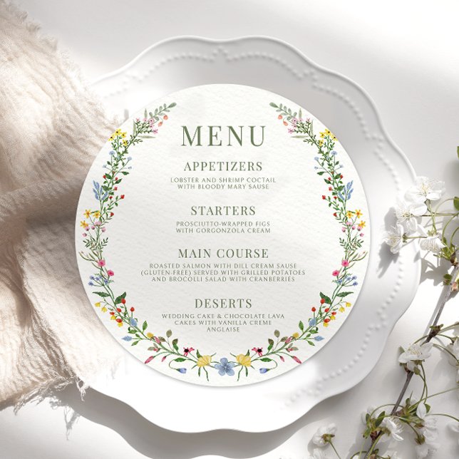 Meadow whimsical wildflower round Menu Card Plate (Creator Uploaded)