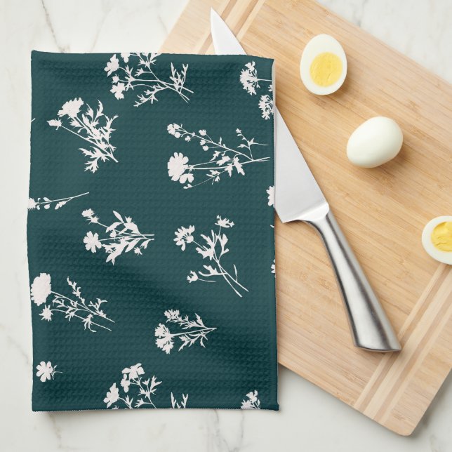 Meadow wild flower delicate pattern - teal kitchen towel (Quarter Fold)