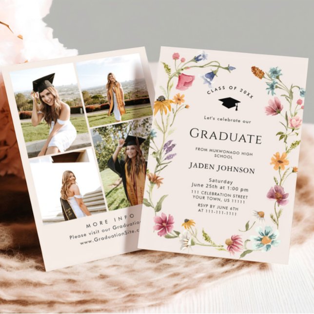 Meadow Wildflower Boho 4 Photo Graduation Party Invitation (Creator Uploaded)