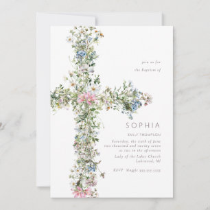 Meadow wildflower cross Baptism Christening Blue Invitation