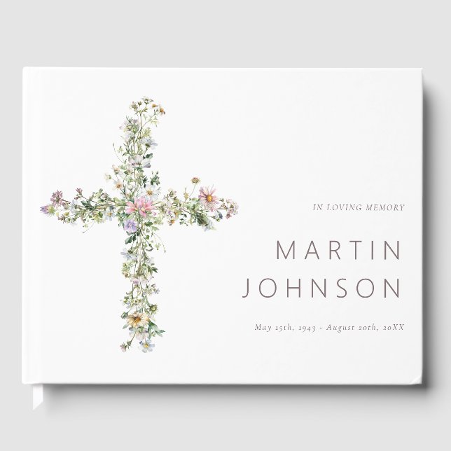 Meadow Wildflower Cross In Loving Memory Funeral Guest Book (Front)