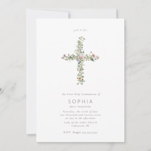 Meadow wildflower cross the First Holy Communion Invitation