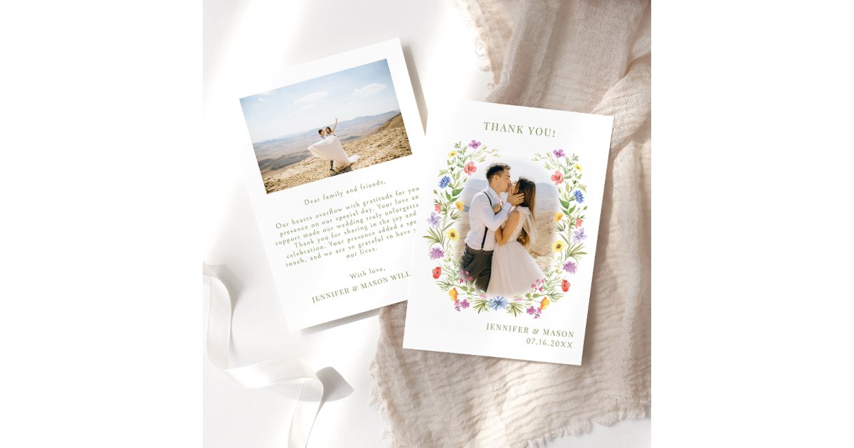 Meadow wildflower floral wreath Wedding Photo Thank You Card | Zazzle