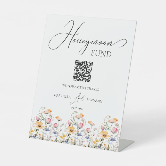 Meadow Wildflower Honeymoon Fund Wedding Tabletop Pedestal Sign (Front)
