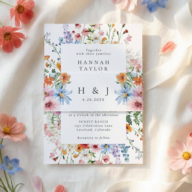 Meadow Wildflower Monogram Floral Wedding  Invitation Belly Band (Creator Uploaded)