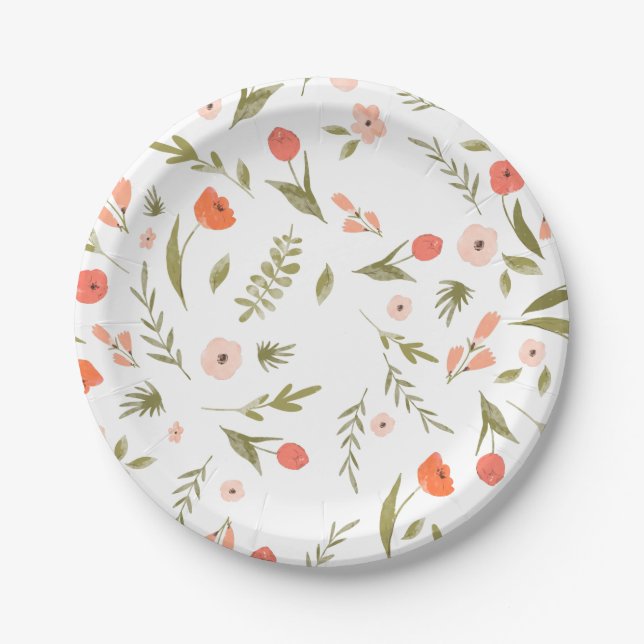 Meadow Wildflower Pink Peach Olive Paper Plates (Front)