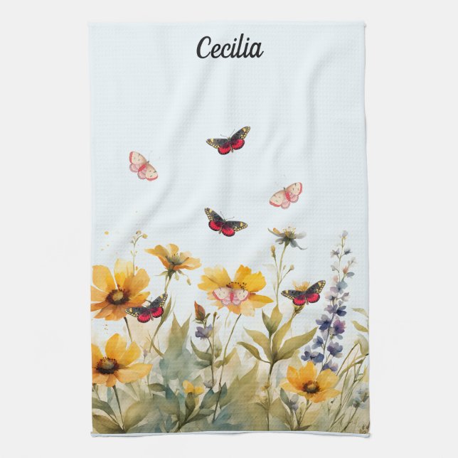 Meadow Wildflowers and Butterflies Kitchen Towel (Vertical)