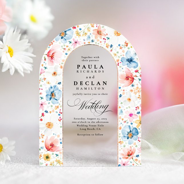 Meadow Wildflowers Elegant Boho Arch Wedding Acrylic Invitations (Wildflower Acrylic Wedding Invitation)