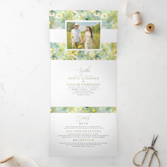 Meadow Wildflowers Summer Boho Wedding Photo Tri-Fold Invitation (Inside)