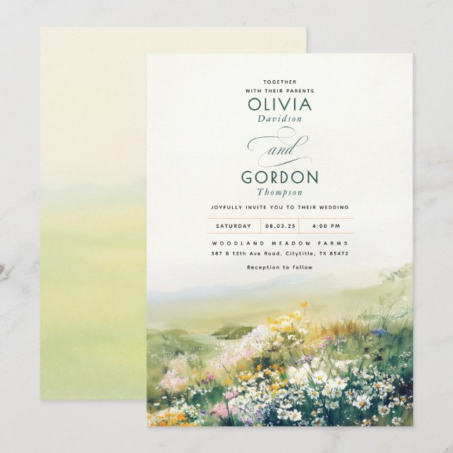 Meadow Wildflowers Watercolor Nature Wedding Invitation (Front/Back)