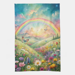 Meadow with Flowers and Butterflies and a Rainbow Kitchen Towel