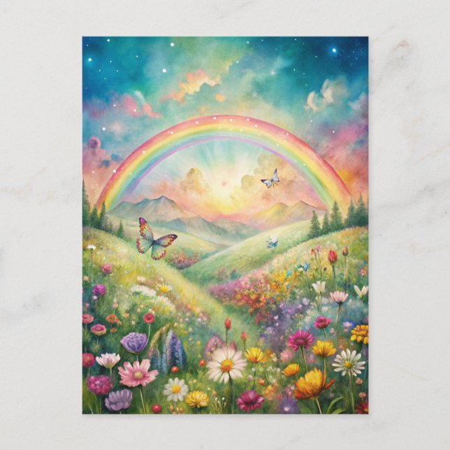 Meadow with Flowers and Butterflies and a Rainbow Postcard (Front)