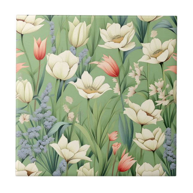 Meadow with Tulips and Wildflowers Ceramic Tile (Front)