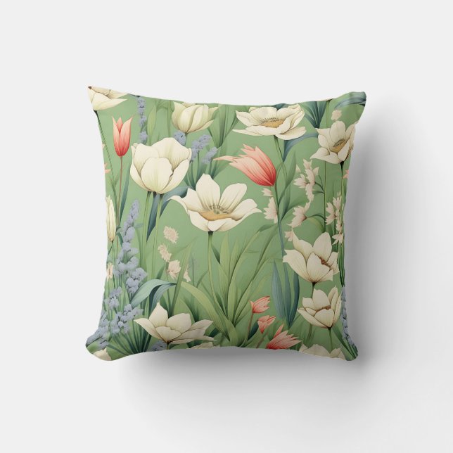 Meadow with Tulips and Wildflowers Throw Pillow (Front)