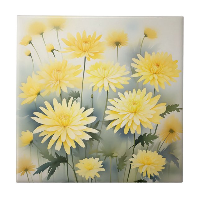 Meadow With Watercolor Chrysanthemums Ceramic Tile (Front)