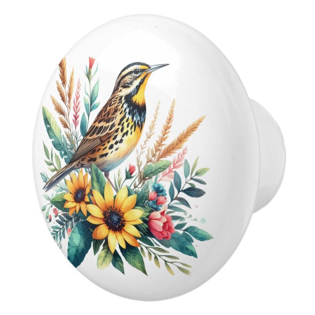 Meadowlark and Wildflowers Ceramic Knob (Right)