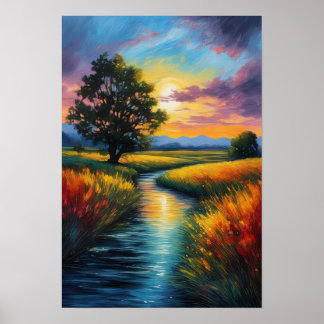 Meadow's Glow, Sunset and River Poster