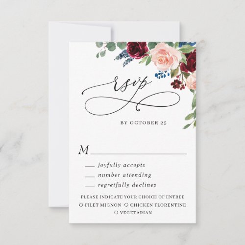 MEAL CHOICE Burgundy Navy Eucalyptus Rose Wedding RSVP Card