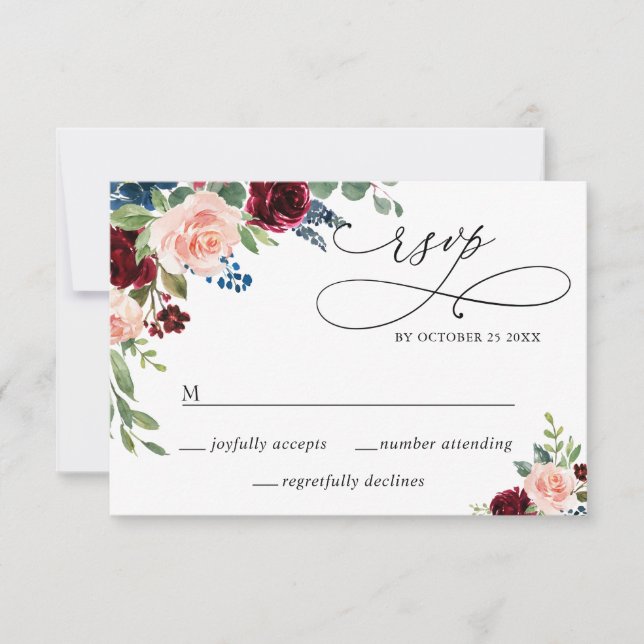 MEAL CHOICE Burgundy Navy Eucalyptus Rose Wedding RSVP Card (Front)