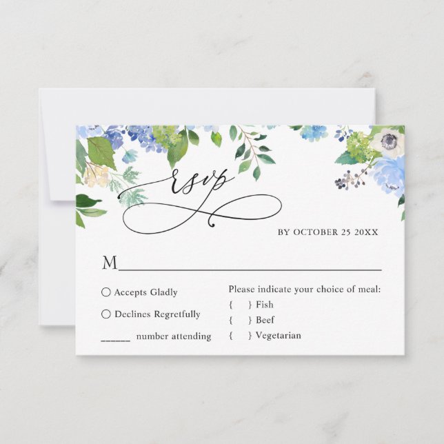 MEAL CHOICE Elegant Blue Hydrangea Wedding RSVP Card (Front)