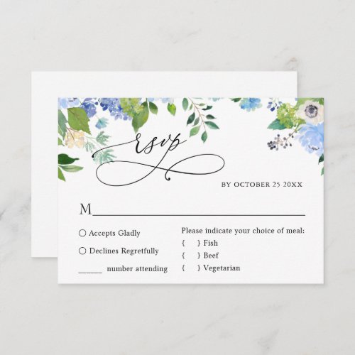 MEAL CHOICE Elegant Blue Hydrangea Wedding RSVP Card