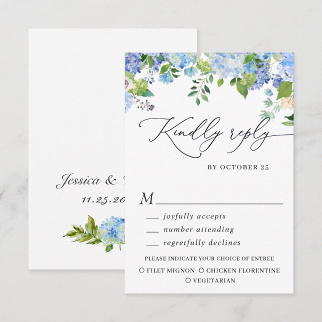 MEAL CHOICE Elegant Blue Hydrangea Wedding RSVP Card (Front/Back)