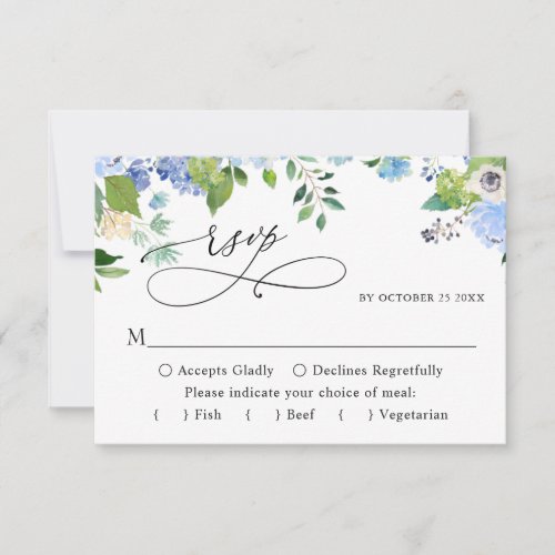 MEAL CHOICE Elegant Blue Hydrangea Wedding RSVP Card