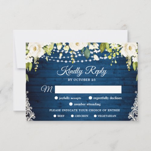 MEAL CHOICE Elegant White Roses Rustic Wedding RSVP Card