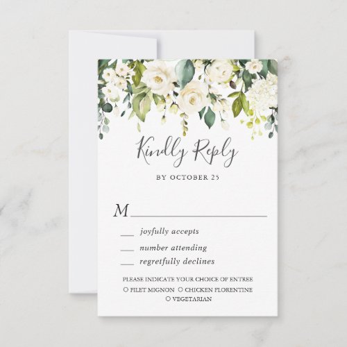 MEAL CHOICE Eucalyptus White Roses Floral Wedding RSVP Card