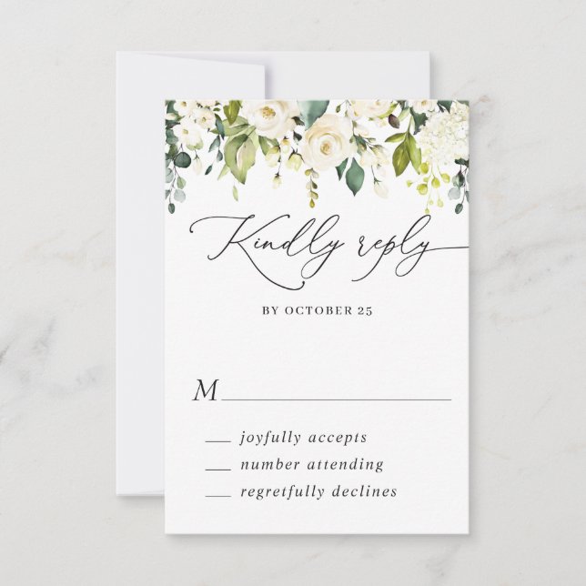 MEAL CHOICE Eucalyptus White Roses Floral Wedding RSVP Card (Front)