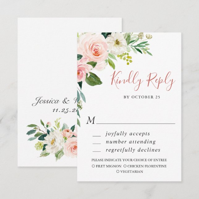 MEAL CHOICE Pink Blush Flowers Greenery Wedding RSVP Card (Front/Back)
