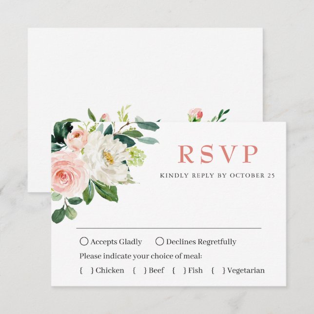 MEAL CHOICE Pink Blush Flowers Greenery Wedding RSVP Card (Front/Back)