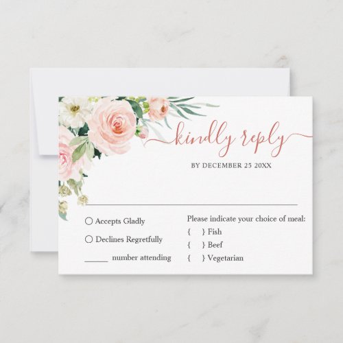 MEAL CHOICE Pink Blush Flowers Greenery Wedding RSVP Card